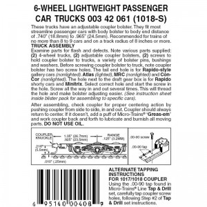 (1018-S) 6 wheel silver passenger car trucks with assembled adjustable Magne-Matic couplers (1pr)