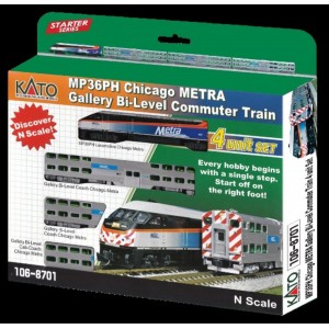 MP36PH Chicago Metra Gallery Bi-Level Commuter Train w/Interior Lighting Fitted
