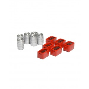 6 bier kegs and 6 red boxes with brown bottles